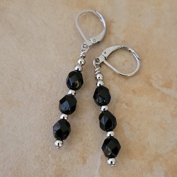 Black 6mm Czech Crystal Earrings Firepolished Stainless Steel Leverback Earwires - Picture 2 of 5